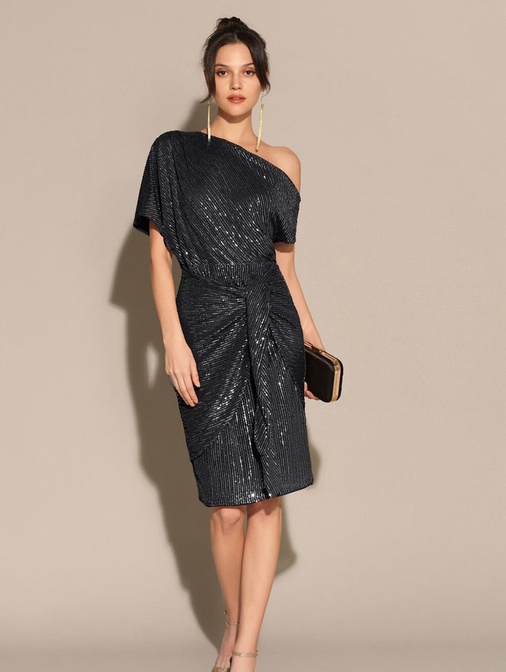 NWT Grace Karin Black Sequin Asymmetrical Draped Back Dress XL